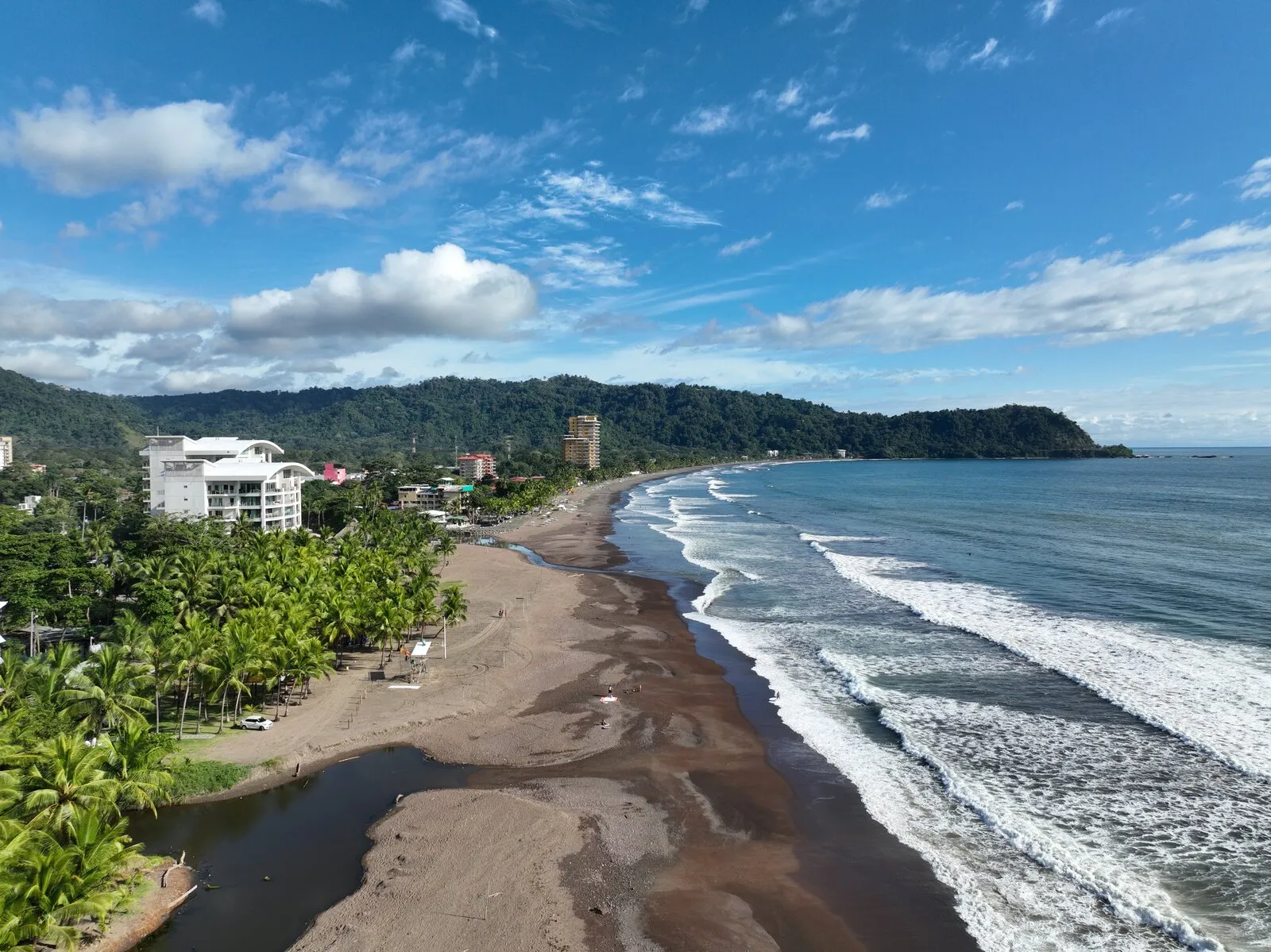 River mouth and beach along Jacó’s shoreline (aerial)